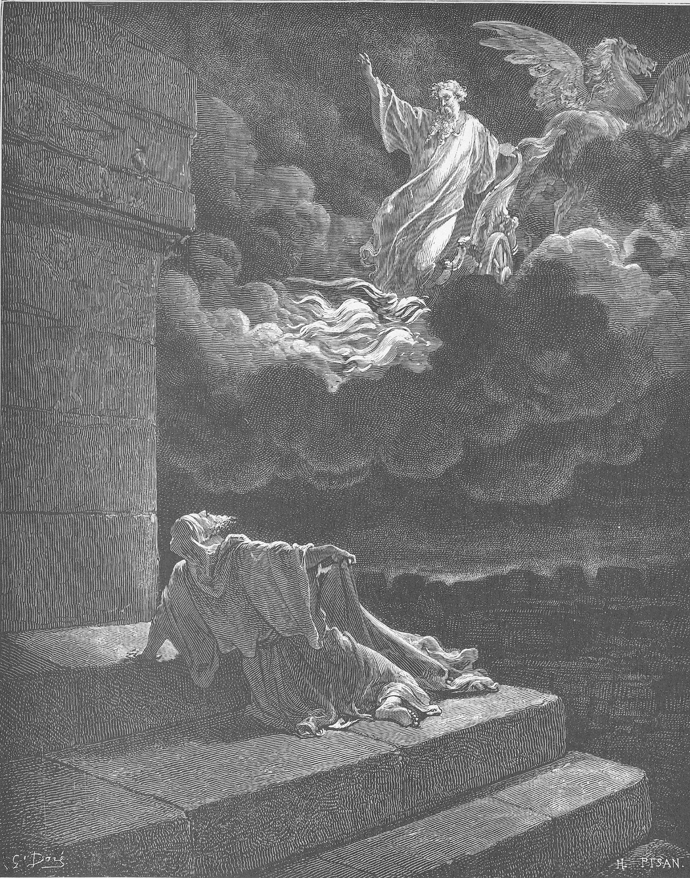 Engraving of the prophet Elijah carried up into heaven in a chariot of fire