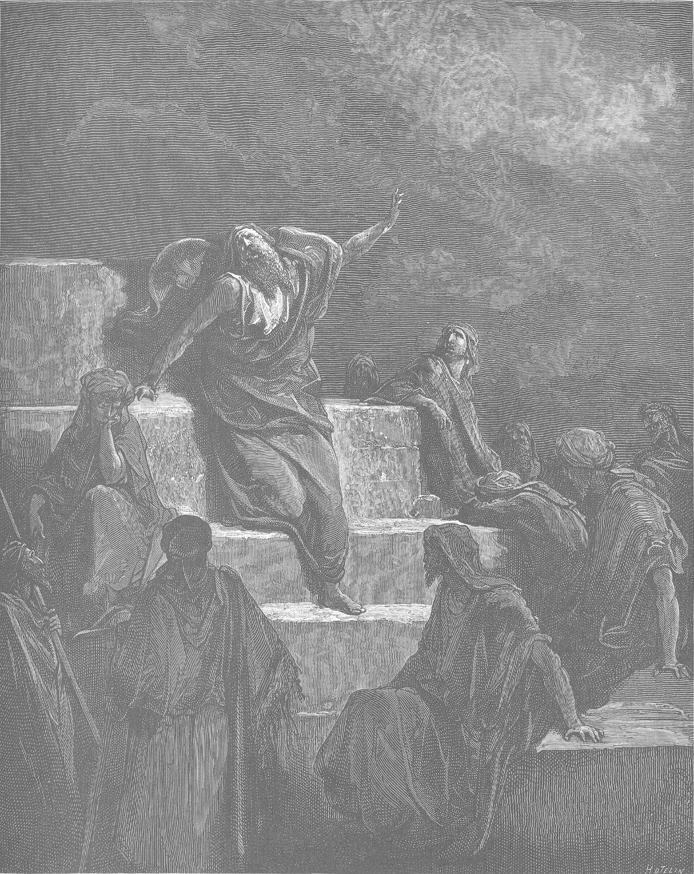 Engraving of the prophet Jeremiah seated in sorrow